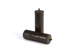 A PAIR OF DARK BROWN PATINATED BRASS-CASED EIGHT-DAY LONGCASE CLOCK WEIGHTS