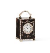 Y AN EDWARDIAN SILVER INLAID TORTOISESHELL MINIATURE CARRIAGE TIMEPIECE