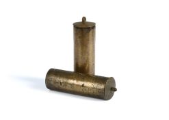 A PAIR OF BRASS-CASED EIGHT-DAY LONGCASE CLOCK WEIGHTS