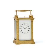 A FRENCH ENGRAVED GILT BRASS CARRIAGE CLOCK WITH PUSH-BUTTON REPEAT