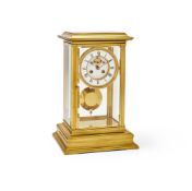A FRENCH LACQUERED BRASS FOUR-GLASS MANTEL CLOCK OF TWO-WEEK DURATION