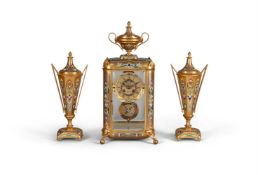 A FINE FRENCH GILT BRASS AND CHAMPLEVE ENAMELLED FOUR-GLASS MANTEL CLOCK GARNITURE