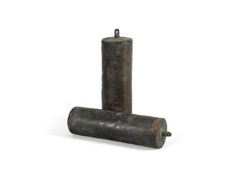 A MATCHED PAIR OF DARK BROWN PATINATED BRASS-CASED EIGHT-DAY LONGCASE CLOCK WEIGHTS