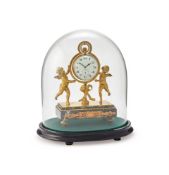 A SWISS GLASS BALL DESK WATCH SUPPORTED WITHIN A FRENCH GILT BRASS AND VERDE ANTICO MARBLE STAND