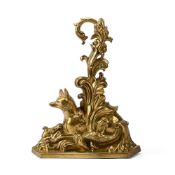 A BRASS FOX AND FOLIAGE DOOR STOP OR DOOR PORTER, MID 19TH CENTURY