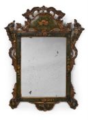 AN ITALIAN GREEN PAINTED, PARCEL GILT AND FLORAL DECORATED MIRROR, LATE 18TH OR EARLY 19TH CENTURY