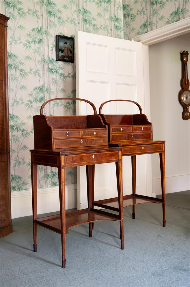 A MATCHED PAIR OF GEORGE III MAHOGANY, SATINWOOD AND LINE INLAID CHEVERETS. CIRCA 1790