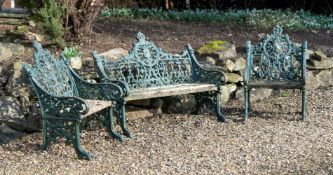 A CAST IRON THREE PIECE 'GOTHIC' GARDEN SUITE, LATE 19TH CENTURY
