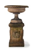 A LATE VICTORIAN TERRACOTTA TAZZA URN ON PEDESTAL, LATE 19TH CENTURY