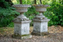 A PAIR OF STONE COMPOSITION VASES ON PLINTHS, IN REGENCY STYLE, 20TH CENTURY