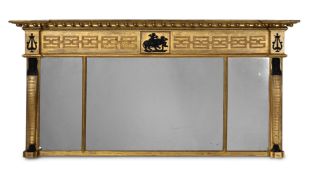 A REGENCY GILTWOOD AND EBONISED TRIPTYCH OVERMANTEL MIRROR, CIRCA 1820