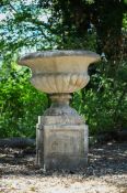 A LARGE STONE COMPOSITION VASE ON PLINTH, IN REGENCY STYLE, 20TH CENTURY