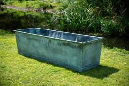 A LARGE VERDIGRIS COPPER AND RIVETED RECTANGULAR PLANTER, CONTEMPORARY