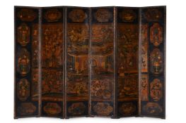 A LARGE SIX FOLD LACQUERED AND PAINTED ROOM SCREEN, 18TH CENTURY