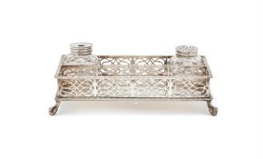 A GEORGE II SILVER TWO BOTTLE INK STAND