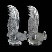 RENÉ LALIQUE (FRENCH, 1860-1945), PAIR OF ‘COQ NAIN’ BOOKENDS; DESIGNED 1928; POST 1945
