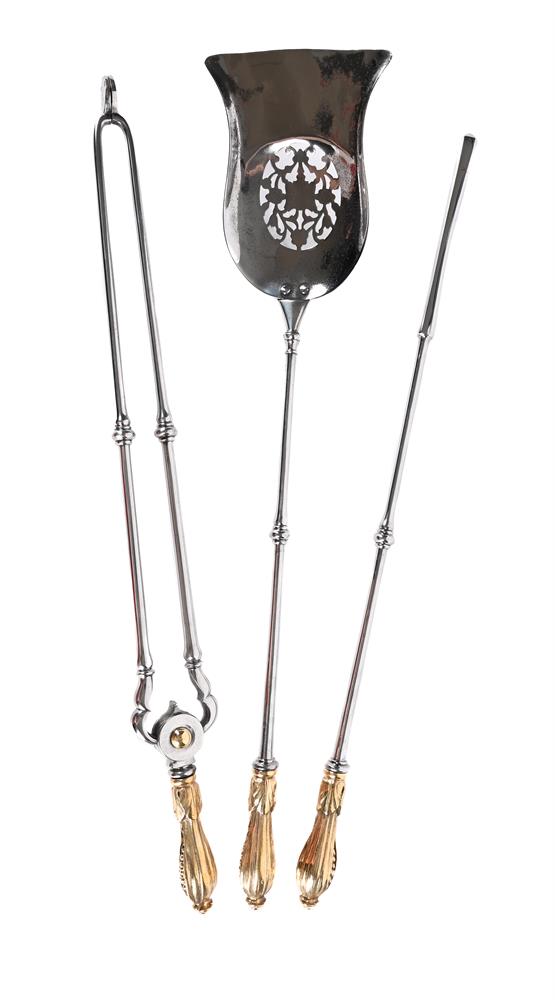 A SET OF THREE MID VICTORIAN STEEL AND BRASS FIRE TOOLS, CIRCA 1860