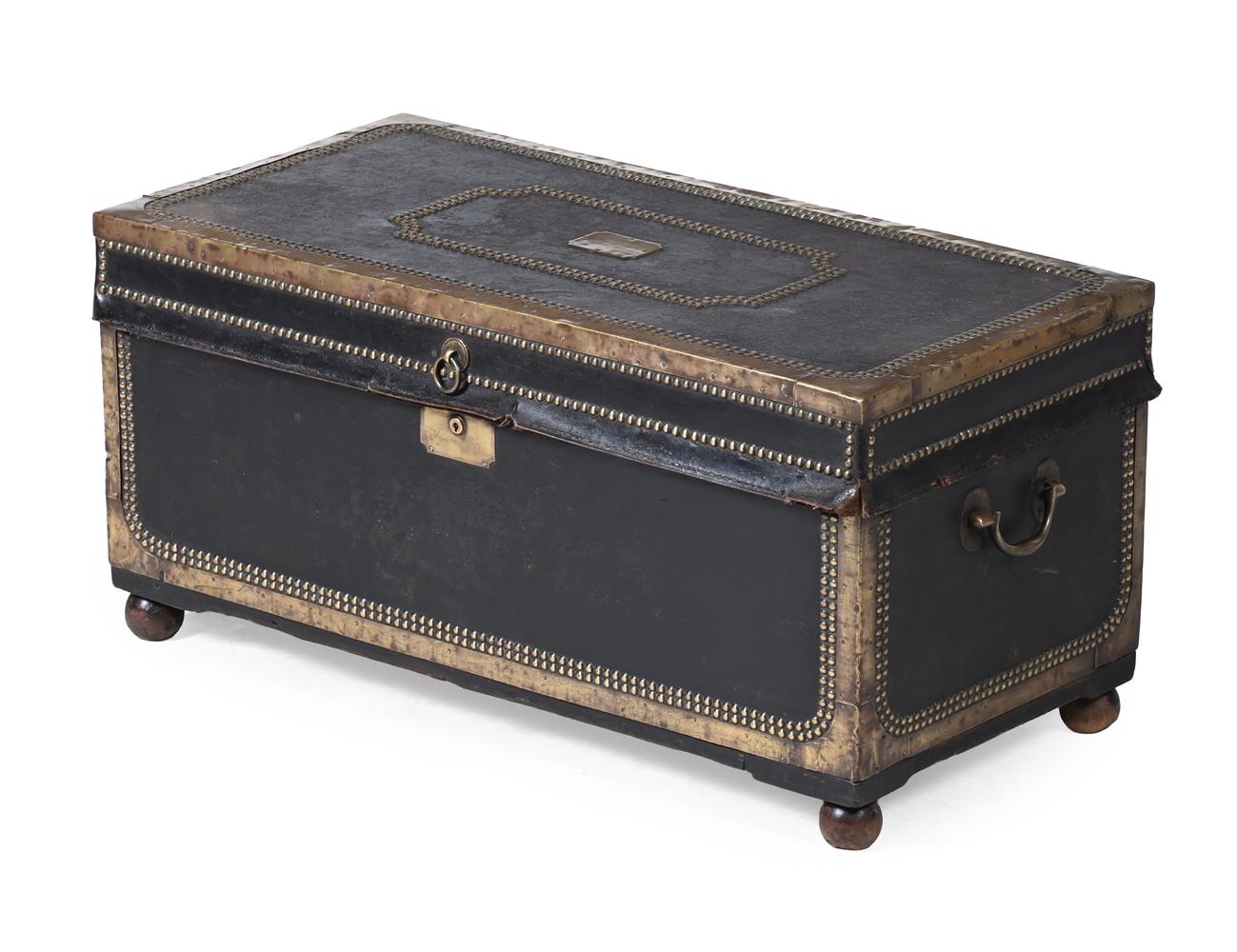 AN CHINESE EXPORT LEATHER AND BRASS MOUNTED CAMPHOR CHEST, 19TH CENTURY