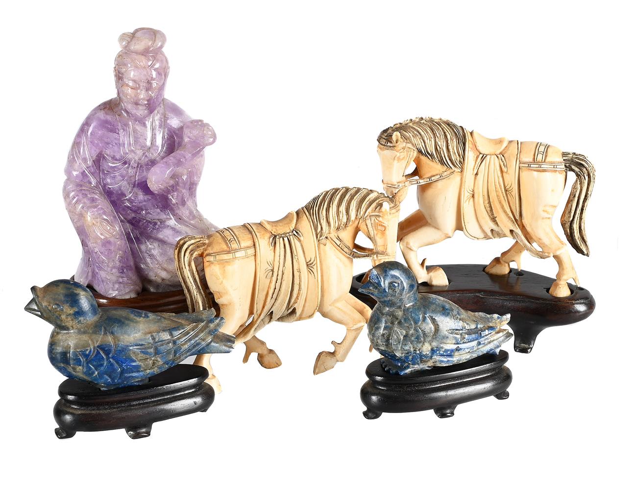 A PAIR OF CHINESE LAPIS LAZULI BIRDS, 20TH CENTURY