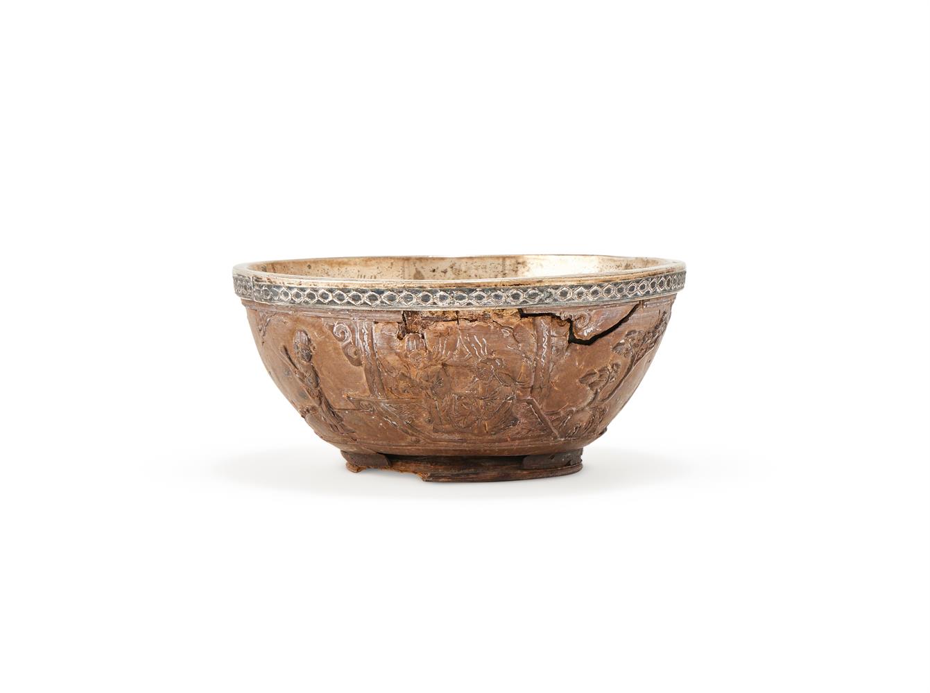 A CHINESE CANTON CARVED COCONUT SHELL BOWL WITH SILVER LINER, MID 19TH CENTURY