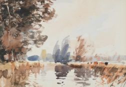 λ EDWARD SEAGO (BRITISH 1910-1974), CATTLE BY A RIVER IN A WOODED LANDSCAPE