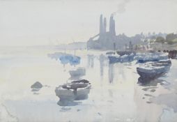 λ EDWARD SEAGO (BRITISH 1910-1974), VIEW ACROSS THE THAMES TO LOTS ROAD POWER STATION