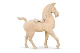 ‡ A LARGE AND RARE CHINESE GREY POTTERY HORSE, HAN DYNASTY (206 BC-220 AD)