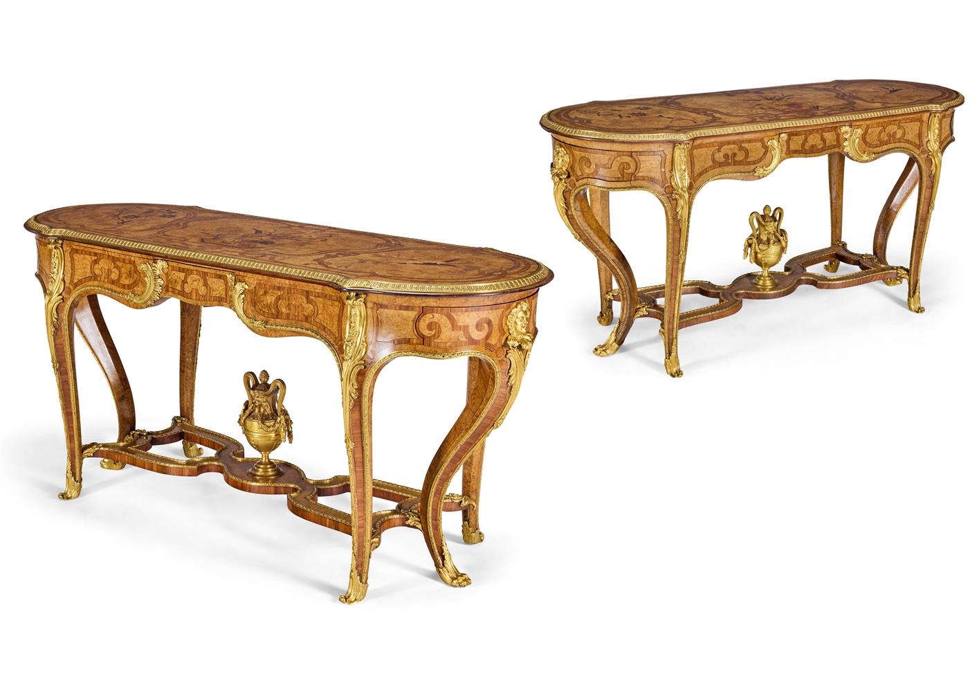 ‡ A MATCHED PAIR OF VICTORIAN ORMOLU-MOUNTED AND FLORAL MARQUETRY CENTRE TABLES, CIRCA 1868 - Image 3 of 10