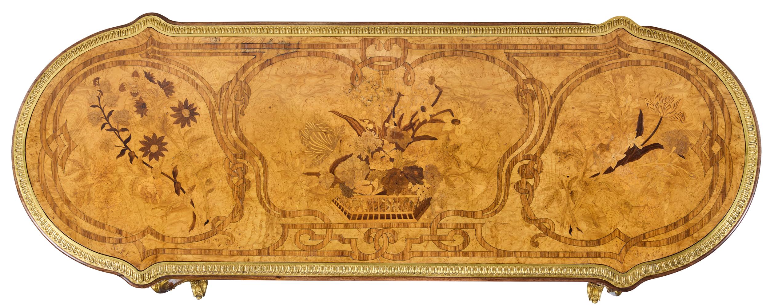 ‡ A MATCHED PAIR OF VICTORIAN ORMOLU-MOUNTED AND FLORAL MARQUETRY CENTRE TABLES, CIRCA 1868 - Image 9 of 10
