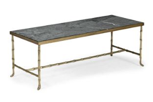 A BRASS FAUX BAMBOO MARBLE TOPPED LOW TABLE, FRENCH, IN THE MANNER OF MAISON BAGUES, MODERN