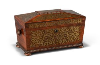 Y A REGENCY ROSEWOOD AND BRASS INLAID TEA CADDY, CIRCA 1820