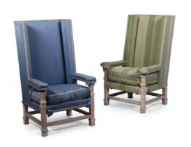 A PAIR OF OAK UPHOLSTERED HIGH BACK CHAIRS BY MORANT & CO, CIRCA 1900