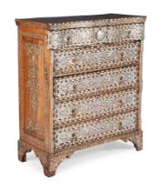 Y A SYRIAN HARDWOOD, MOTHER OF PEARL, BONE AND METAL INLAID CHEST OF DRAWERS, EARLY 20TH CENTURY