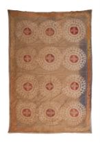 AN EMBROIDERED SUZANI TEXTILE, EARLY 20TH CENTURY AND PROBABLY LATER BACKED AS A WALL HANGING