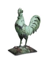 A VERDIGRIS PATINATED METAL ROOF FINIAL IN THE FORM OF A COCKEREL, EARLY 20TH CENTURY