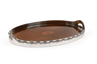 A STERLING SILVER AND MAHOGANY MARQUETRY INLAID OVAL TRAY, FIRST QUARTER 20TH CENTURY