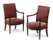 A PAIR OF DIRECTOIRE CARVED MAHOGANY AND UPHOLSTERED FAUTEUILS, LATE 18TH CENTURY