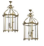 A PAIR OF BRASS HEXAGONAL HANGING LANTERNS, IN REGENCY STYLE, 19TH CENTURY