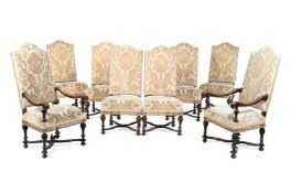A SET OF EIGHT WALNUT AND UPHOLSTERED CHAIRS, IN QUEEN ANNE STYLE, 19TH CENTURY
