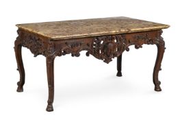 A CARVED WALNUT AND BRECCIA MARBLE TOPPED CONSOLE TABLE, FRENCH, LATE 18TH OR EARLY 19TH CENTURY