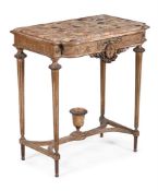 A CARVED GILTWOOD AND BRECCIA MARBLE TOPPED CONSOLE TABLE, IN LOUIS XVI STYLE, CIRCA 1890