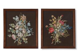 A PAIR OF GEORGE II NEEDLEWORK AND CHENILLE RIBBON-TIED FLORAL SPRAYS, MID 18TH CENTURY
