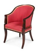 A GEORGE III MAHOGANY AND UPHOLSTERED LIBRARY ARMCHAIR, CIRCA 1810