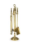 A VICTORIAN SET OF BRASS FIRE TOOLS WITH STAND, LATE 19TH CENTURY