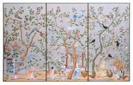 A SET OF THREE 'ABBOTSFORD' CHINOISERIE PATTERN PANELS HAND PAINTED ON MAUVE SILVER GILDED TEA PAPER