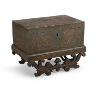 AN INDIAN GREEN LACQUER AND PAINTED MINIATURE CHEST ON STAND, BAREILLY, 19TH CENTURY