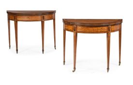 Y A PAIR OF GEORGE III SATINWOOD, ROSEWOOD AND TULIPWOOD CROSSBANDED CARD AND TEA TABLES, CIRCA 1790