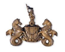 A CARVED GILTWOOD COAT OF ARMS FOR THE CITY OF NEWCASTLE ON TYNE, LATE 19TH OR EARLY 20TH CENTURY