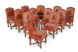 A SET OF TWELVE CARVED GILTWOOD AND UPHOLSTERED DINING CHAIRS, LATE 19TH CENTURY