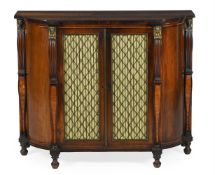 Y A GEORGE III ROSEWOOD, SATINWOOD AND BRASS MOUNTED SIDE CABINET, CIRCA 1810